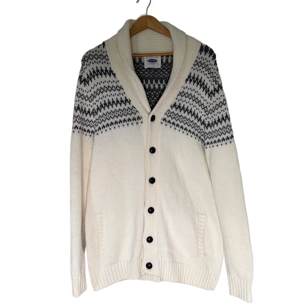 Old Navy Cardigan Men's Large Blue Fair Isle Shawl Collar Wool Blend Sweater